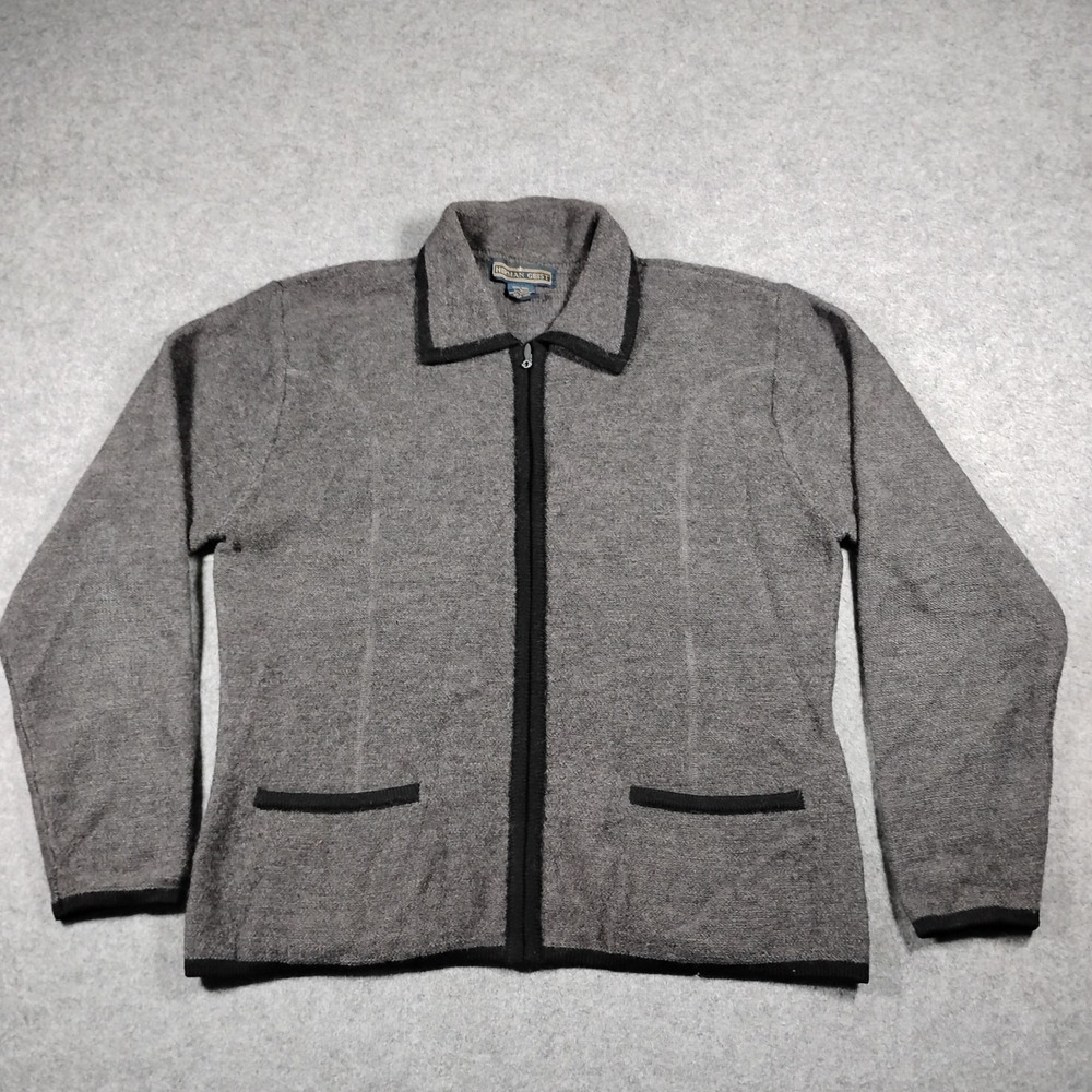 Herman Geist Gray 100% Wool Full Zip Cardigan Sweater Black Trim Women's Large